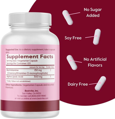BESTVITE Benfotiamine 150mg / Alpha Lipoic Acid 300mg (120 Vegetarian Capsules) - No Stearates - Vegan - Gluten Free - Non GMO...