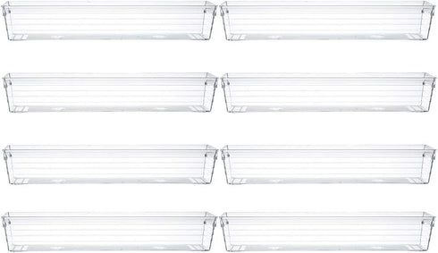 Backerysupply Clear Plastic Drawer Organizer Tray for Vanity Cabinet (12”×3”×2”?Set of 8),Storage Tray for Makeup, Kitchen Utensils, Jewelries, an...