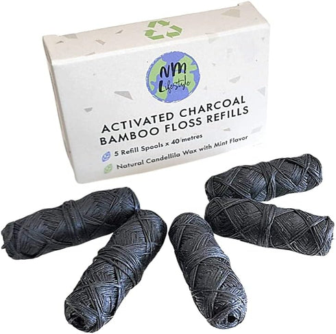 Eco-Friendly, Vegan Bamboo Charcoal Dental Floss Refills (5 x 40 metres) Cruelty-Free, Natural, Waxed Peppermint Floss Refills...