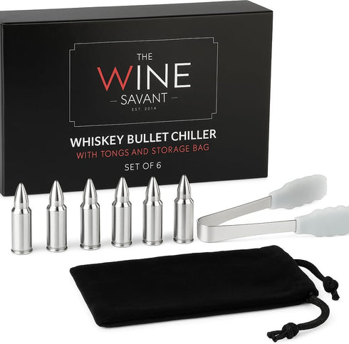 Bullet Whiskey Chillers Stones - Whiskey Rocks by The Wine Savant Set of 6 - Stainless Steel Bullet Shaped Ice Cubes, Gift Box Come, Tongs and Sto...