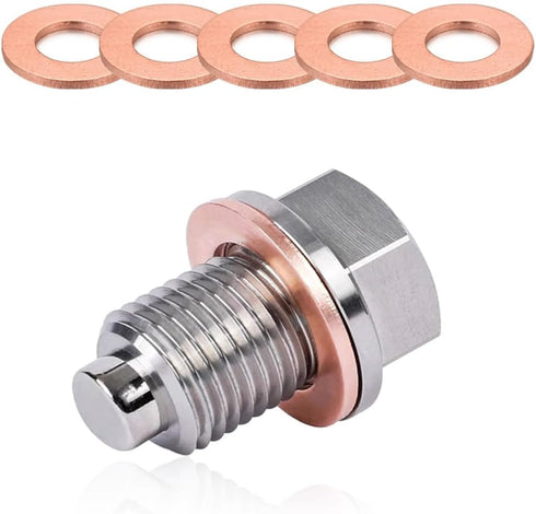 M12×1.5 Magnetic Oil Drain Plug, Stainless Steel Sump Drain Nut Bolt with Copper Washer Gaskets, Leakproof Engine Oil Drain Plug Replacement for M...