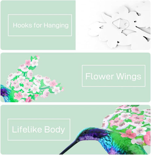 Metal Hummingbird Wall Decor, 12" Large Hanging Metal Birds Outdoor Wall Decor Art, Flowers Wings Hummingbird Decor for Garden Yard Patio Fence Li...