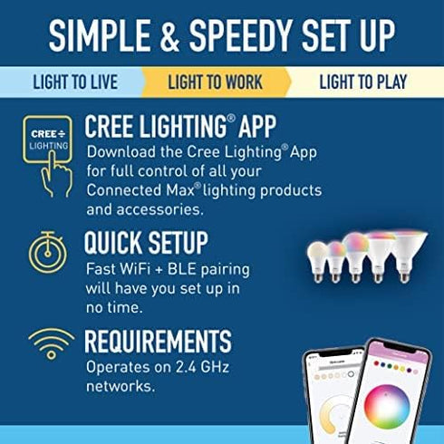 Cree Lighting Connected Max Smart Led Bulb A19 60W Tunable White + Color Changing, 2.4 Ghz, Compatible with Alexa and Google Home, No Hub Required...