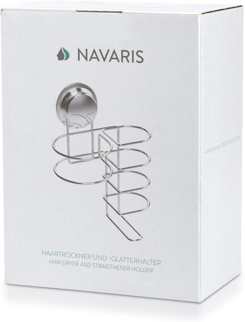 Navaris Hair Dryer and Flat Iron Holder - Suction Cup Wall Mount Blow Dryer and Straightener Mounted Storage Organizer for Bathroom - Stainless St...