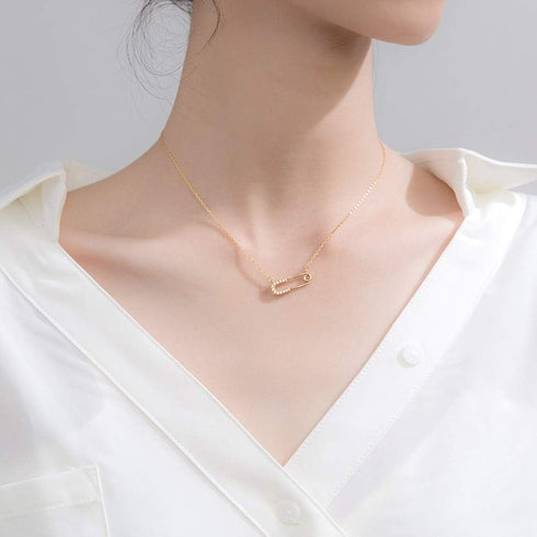 Crystal Paperclip Safety Pin Pendant Choker Necklace for Women Girls 925 Sterling Silver 14K Gold Plated Dainty CZ Diamond Clip Drop Adjustable Ch...