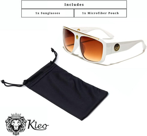 White & Gold Kleo Flat Top Hip Hop Rapper Retro Aviator Sunglasses w/ Brown Lenses...