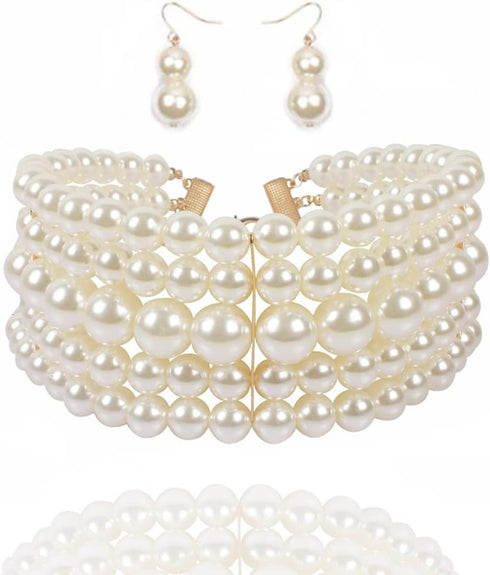 Aukmla Layered Pearl Choker Necklace Earrings Set Silver Short 1920s Chunky Necklaces Chain Wedding Jewelry Sets for Women...