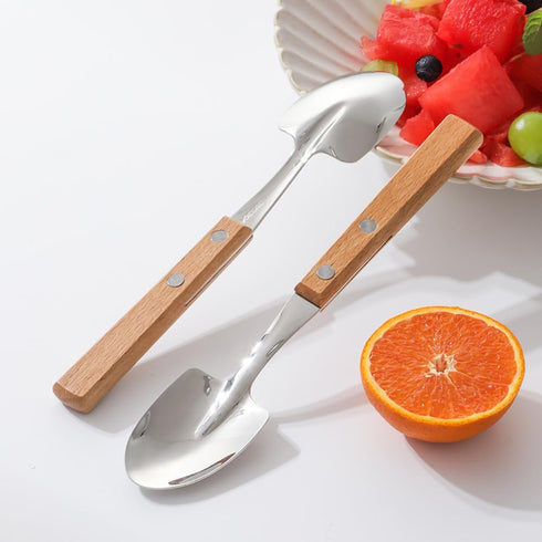 Retro Wooden Handle Spoon,Shovel Shape Stainless Steel Spoons,Ice Cream Fruit Spoon, Silver Silverware With Brown Handle, 4 Pcs....
