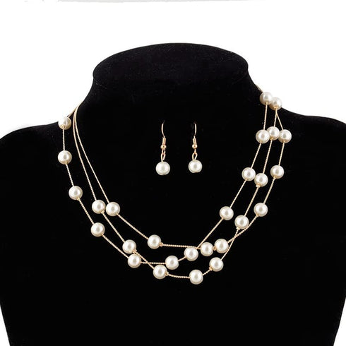 Gold Layered Pearl Necklaces for Women Faux Pearls Necklace Bracelet Earring Set for Women Girls Multi Layered Pearl Choker Necklaces...