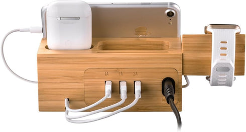 Charging Station Apple Watch Airpods Charger Stand iPhone Charging Dock Cable Management Wood Charging Station with 3 USB Ports Compatible with Ai...