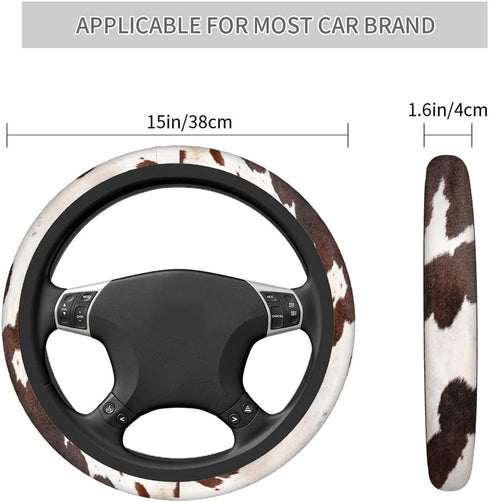 Swono Cow Skin Universal Neoprene Steering Wheel Cover Australian Cow Skin Brown 15 Inch Steering Wheel Covers, Printed Steering Wheel Elastic Pro...