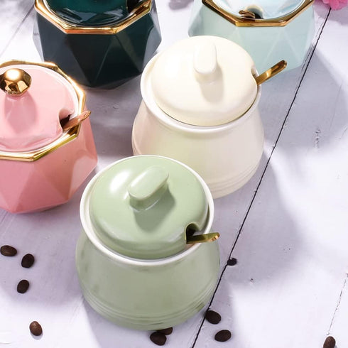 Sugar Bowl with Lid and Spoon, Ceramic Sugar Bowl,Multi-Function Sugar Container Spice Container Salt Jar Condiment Bowls Sugar Jar for Kitchen St...