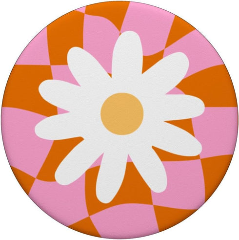 Cute Pink and Orange Checker Checkered Pattern Daisy Flower PopSockets Standard PopGrip...
