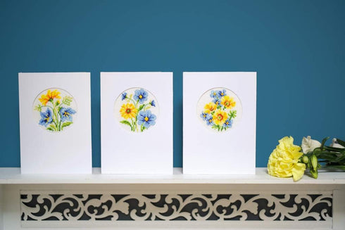 Vervaco Counted Cross Stitch Greeting Card Kit Blue and Yellow Flowers (Set of 3) 6" x 4.2"...