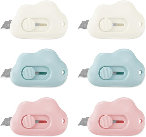 6 Pack Mini Cloud Box Cutter Retractable Letter Opener Paper Cutting Utility Knife Portable Envelope Slitter Cute Cloud Shaped Art Crafts DIY Kniv...