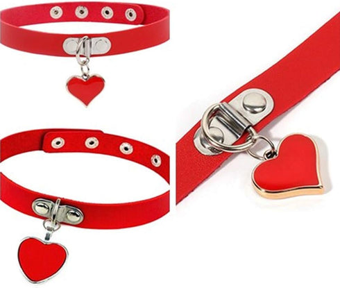PU Leather Choker Necklace Heart-Shape Punk Goth O Ring and Love Heart Choker Collar Chain for Women (Red)...