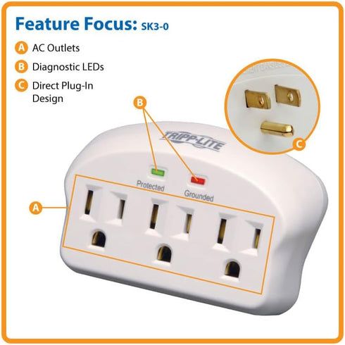 Tripp Lite 3 Outlet Portable Surge Protector Power Strip, Direct Plug In, $5,000 INSURANCE (SK3-0), Apple, Grey...