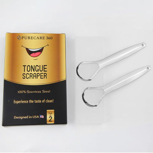 PURECARE 36O Tongue Scraper for Adults. 2 Pack Curved Head, Travel Case. Best Easy to Use Stainless Steel Tongue Cleaner. Top Scrubber for Oral Hy...