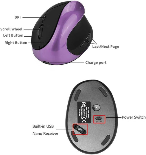 Ergonomic Wireless Mouse, 2.4GHz, 4 Adjustable DPI, Rechargeable Li-Ion Battery, 6 Buttons, Purple...