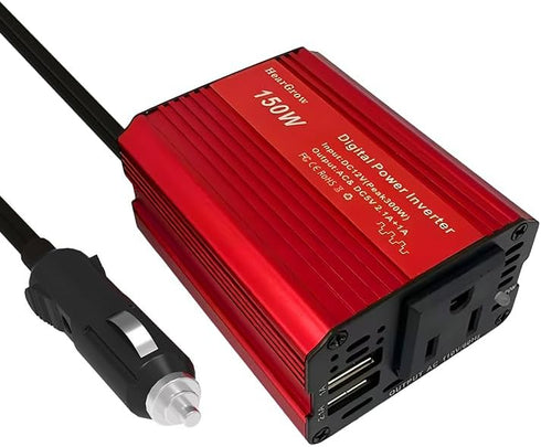 150W red car Power Inverter Converter Plug Adapter 12V to 110V 3.1A Dual USB Outlet for Travel Camping Outdoor All Smartphones Road Trips with Fas...