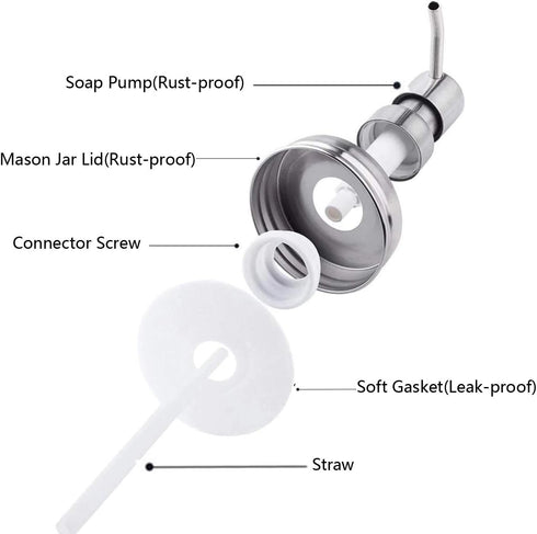 Mason Jar Soap Dispenser Lid and Pump Replacement Brushed Stainless Steel Rust-Proof Leak-Proof for Regular Mouth Size Lid or Modern Farmhouse Soa...