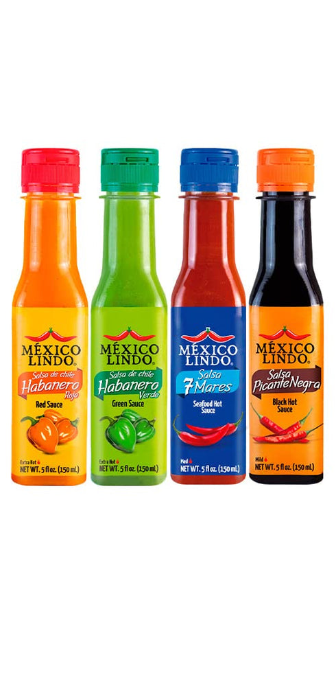 Mexico Lindo Hot Sauce Variety Pack | Includes One Bottle Each of Picante Negra + Red Habanero + Green Habanero + 7 Mares | 5 Fl Oz Bottles (Pack ...