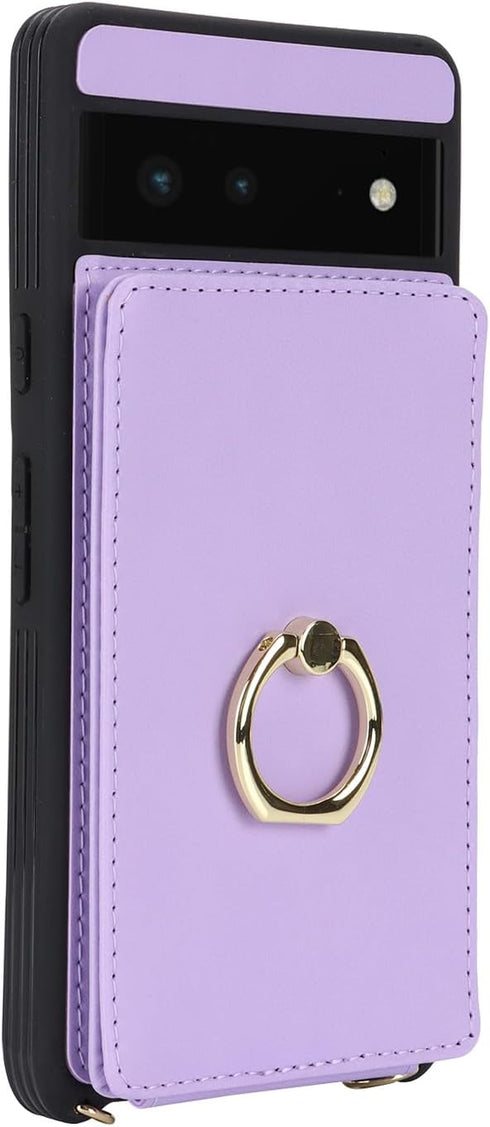 for Google Pixel 6 Case with Card Holder and Strap for Women,Crossbody Lanyard,Ring Stand,Snap Clasp,Phone Wallet Cases 6.4 inch(Purple)......