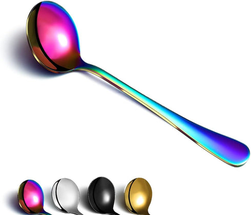 Berglander Rainbow Soup Spoons of 4, 7.5" Stainless Steel Titanium Plating, Multicolor Round, Easy To Clean, Dishwasher Safe...