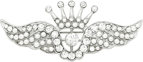 Rosemarie & Jubalee Women's Stunning Silver Tone Angel Wings with Crown Top Crystal And Simulated Pearl Brooch Lapel Pin, 1.25"...