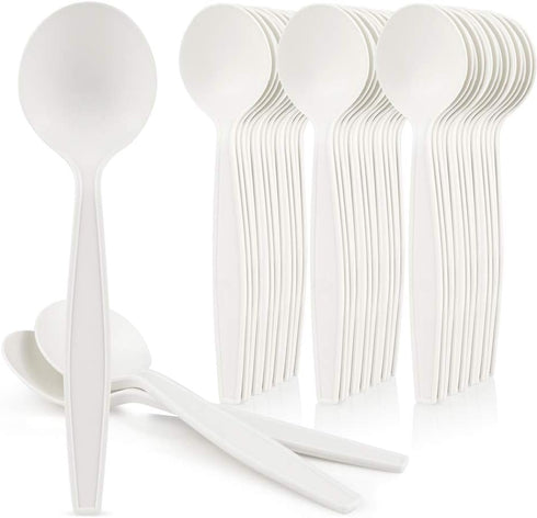 Eco-Friendly 50 Pack Cornstarch 6" Disposable Soup Spoons: Heavy Duty Disposable Spoons Alternative to Plastic Spoons, Plasticware Utensils Cutler...