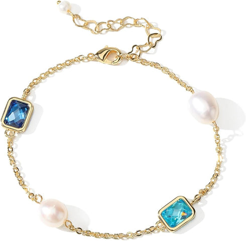 XYJZXY Gold Pearl Bracelet for Women 18K Gold Plated Pearl Link Bracelet Adjustable Cubic Zirconia Bracelets...