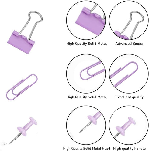 Purple Binder Clips and Paper Clips Push Pins Tacks Sets, Total 72 PCS Assorted Sizes Office Supplies Set for Women, Student, School, Home & Desk ...