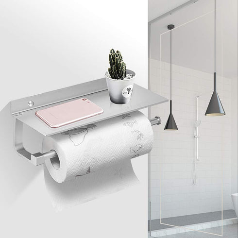 BESy Paper Towel Holder Wall Mounted for Kitchen 13 Inch, Bathroom Tissue Roll Hanger with Mobile Phone Storage Shelf,Space Aluminum, Wall Mount w...