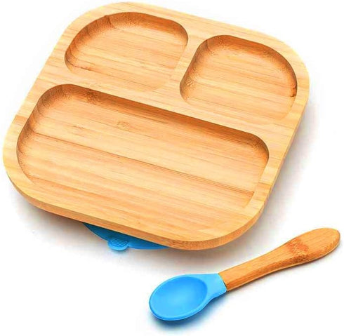 Baby Toddler Stay Put Dish, Kids Suction Plate, Bamboo Cute Dinnerware (Blue)...