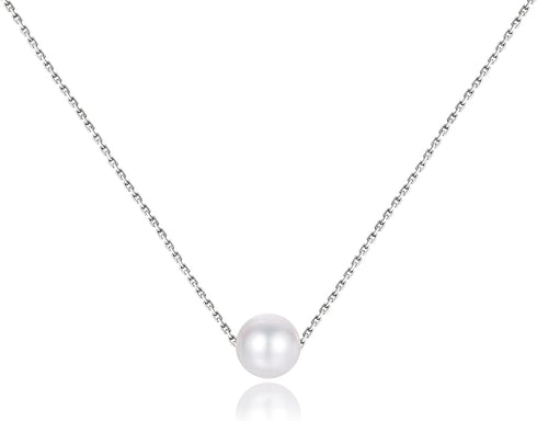 Single Pearl Necklace for Women 925 Sterling Silver Freshwater Cultured 6.5mm - 7mm Pearls Choker Genuine Floating Pearls Necklaces Real Round Whi...