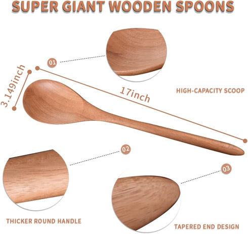 Big Wooden Spoon for Cooking, Large Wood Scoop Utensil, 17-inch Kitchen Serving Scoop for Big Pot, Long Handle Giant Spoon, Heavy Food Service Spo...
