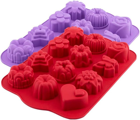 Food Grade Silicone Cake Mold, Muffin Baking Pan with 12 Cavity Flowers and Heart Shape Non-Stick 2-Pack Silicone Bakeware for Chocolate, Cupcake,...