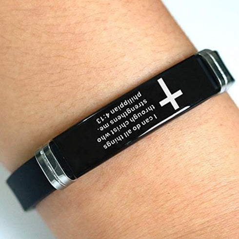 Black Religious Quote Faith Christian Bible Verse Inspirational Bracelet Wristband Cross Bracelets for Mens Dad God Gift...