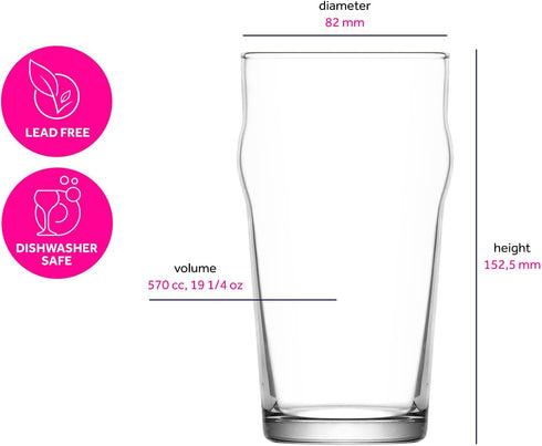 LAV Pint Beer Glasses Set of 6 x 19 oz - Traditional British Pub Pint Glasses - Large Craft Clear Beer, Iced Latte Glasses - Easy Stacking & Lead-...