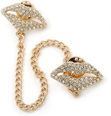 Clear Crystal Lips Collar Chain Pin Brooch In Gold Plated Metal...