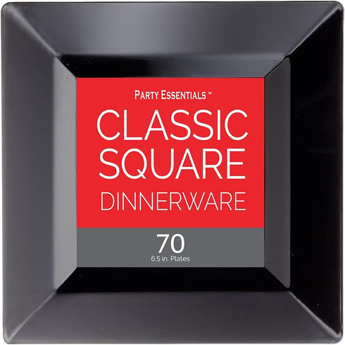 Party Essentials Party Supplies Disposable Classic Square Plastic Plates for Wedding/All Occasions, 6.5", 70-Count, Black...