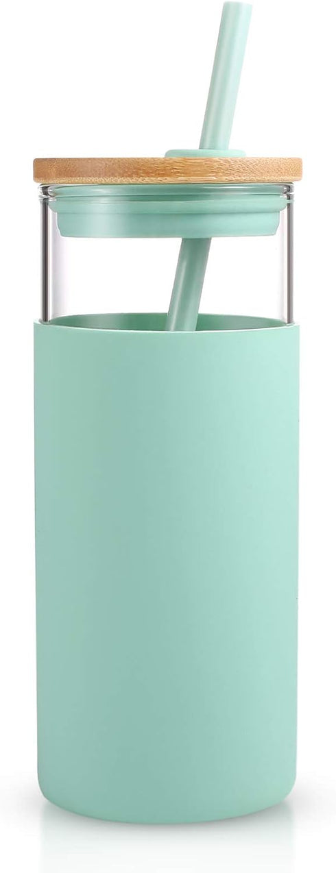 Tronco 20oz Glass Tumbler Glass Water Bottle Straw Silicone Protective Sleeve Bamboo Lid - BPA Free (Midnight Green/ 1 Pack)...