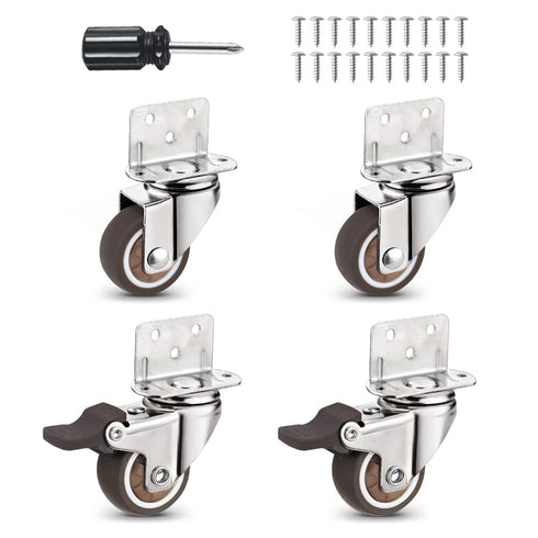 Heavy Duty Casters Set of 4 with Brake,L-Shape Side Mount TPR Plate Caster Wheels Replacement for Baby Bed, Carts Trolley, Kitchen Cabinet, Furnit...