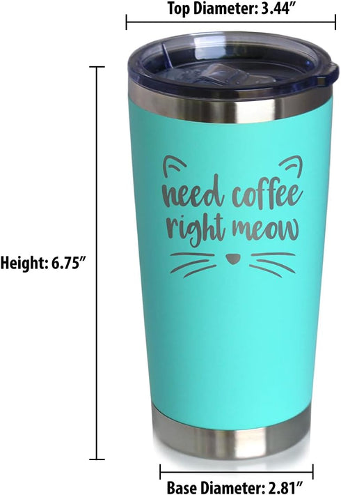 Bevvee Need Coffee Right Meow - Insulated Coffee Tumbler Cup with Sliding Lid - Stainless Steel Insulated Mug - Cat Themed Coffee Gifts - Teal...