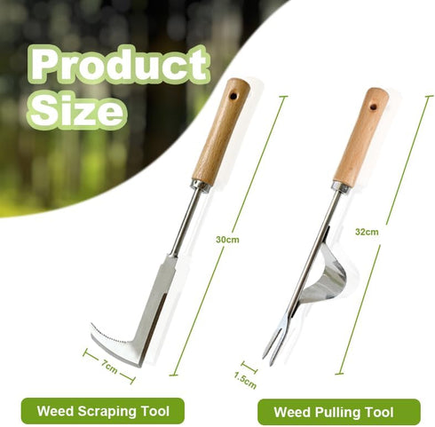 2 Pcs Stainless Steel Manual Weeder Tool Set - V-Shaped Fork & Crack Weeder for Deep Root Digging, Crevice Weeding Tool, Wood Handle Gardening Too...