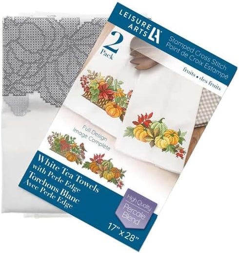 Leisure Arts Tea Towel 17"x28" Fruits 2pc, towel set, embroidery kit, bathroom hand towels, kitchen towel, cross stitch kits, stamped cross stitch...