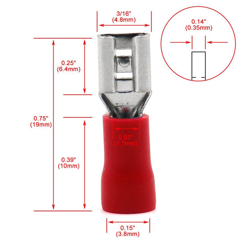 Baomain Red Female Insulated Spade Wire Connector 3/16'' Electrical Crimp Terminal 22-16 AWG 4.8 x 0.5mm FDD1.25-187 (0.187") (200PCS)...