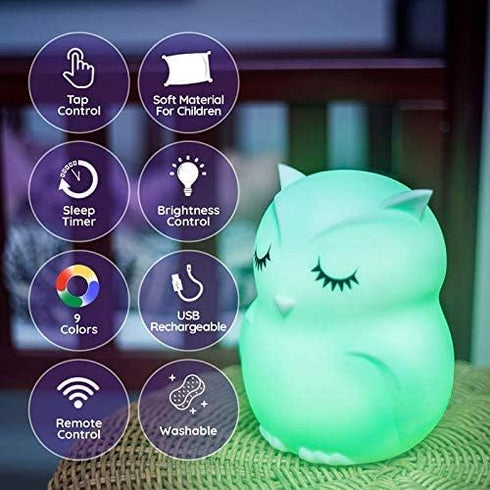 Lumipets Remote Control Silicone Night Light for Kids - Owl Design with 9 Soft Colors & Sleep Timer - Rechargeable, Battery-Operated Lamp for Bedr...