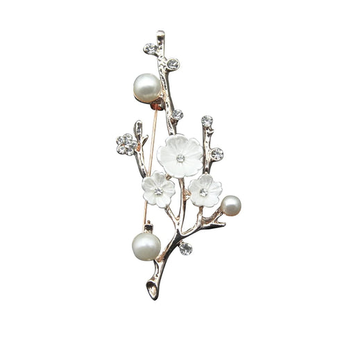Elegant Crystal Plum Blossom Brooch Women Alloy Pearl Bouquet Corsage Pins Coat Jewelry(Gold)...