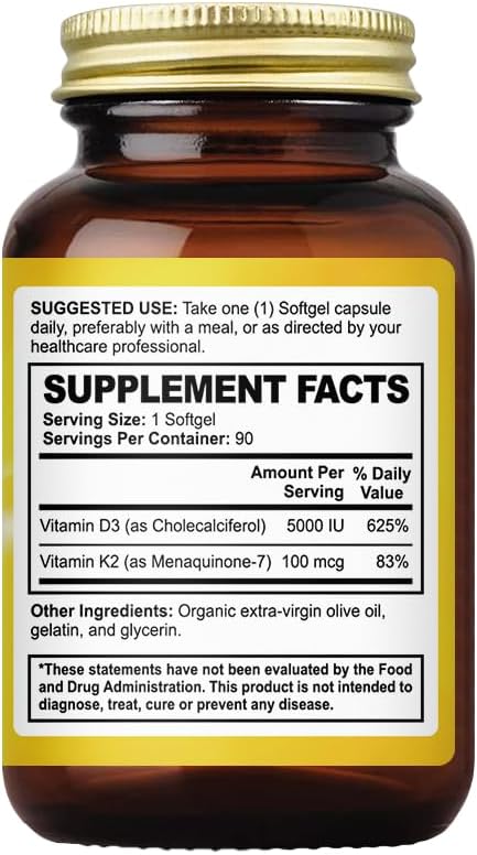 Vitamin D3 + K2 with LIPOSOMAL Technology + 5000iu of Vitamin D3 & 100mcg of Vitamin K2 as MK-7-2 in 1 Support - 90 Softgels...